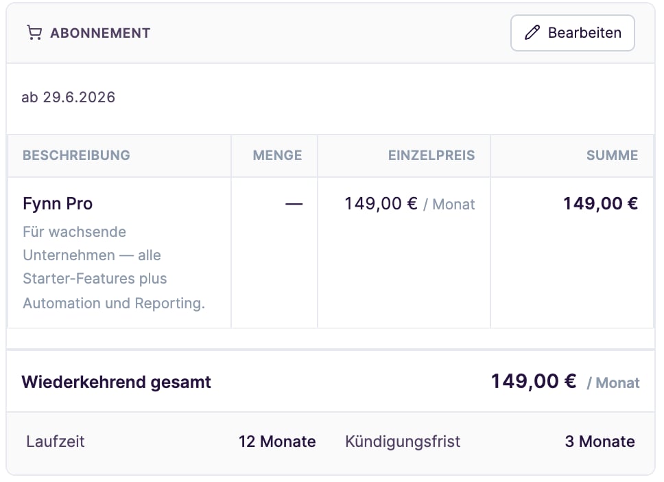 Preis-Block mit Positionen, Mengen und Summen