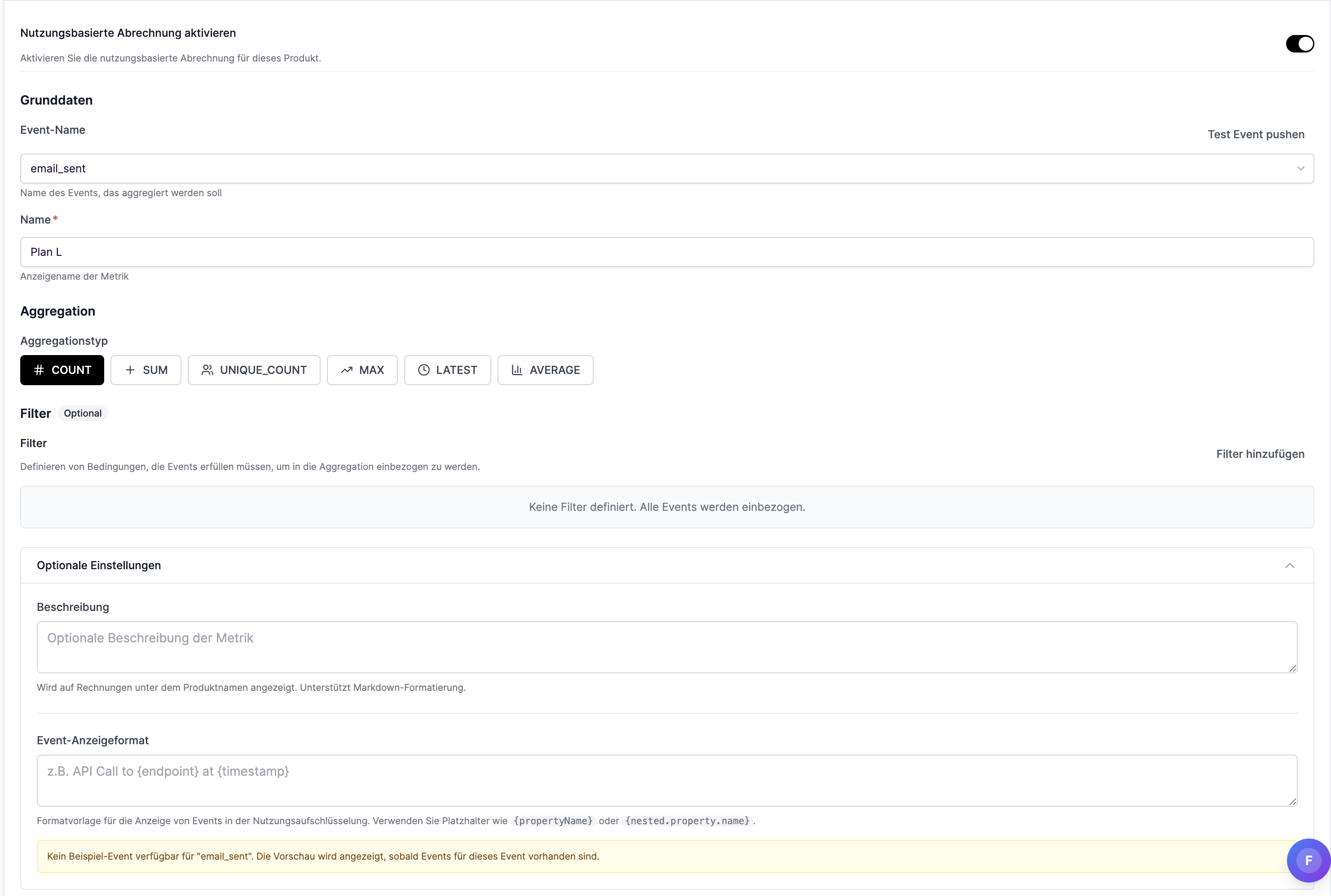 Nutzungsbasierte Abrechnung am Produkt konfigurieren