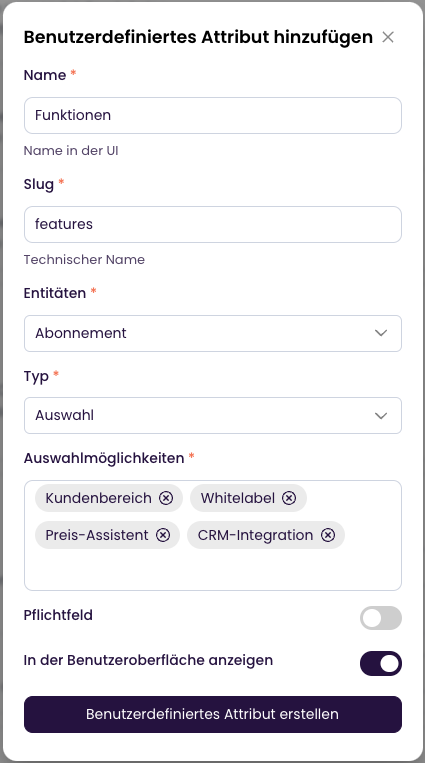 Benutzerdefinierte Attribute konfigurieren