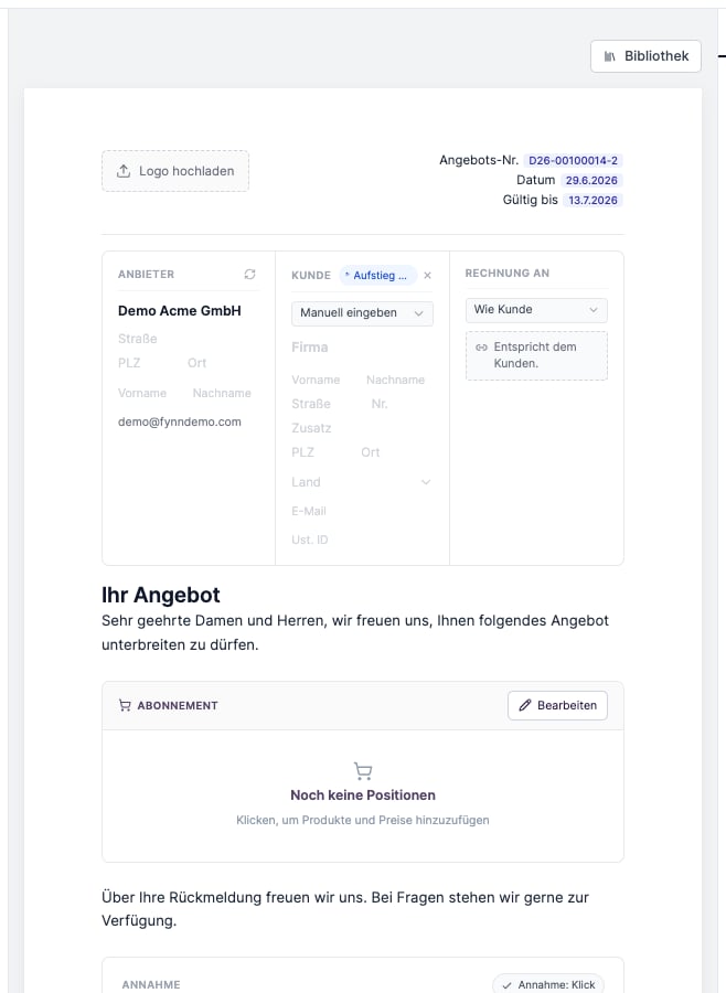 Angebots-Editor mit Briefkopf, Text und Preis-Block