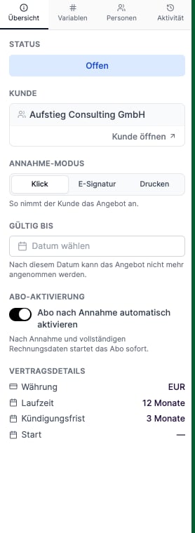 Seitenleiste mit Annahme-Modus und Feld Gültig bis