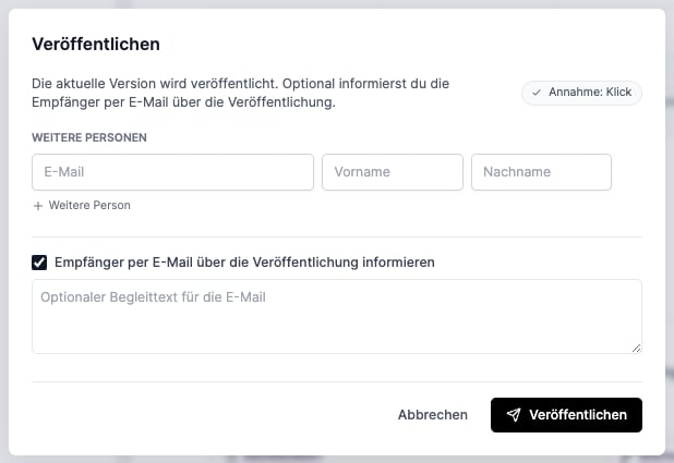 Veröffentlichen-Dialog mit Benachrichtigungsoption und Begleittext