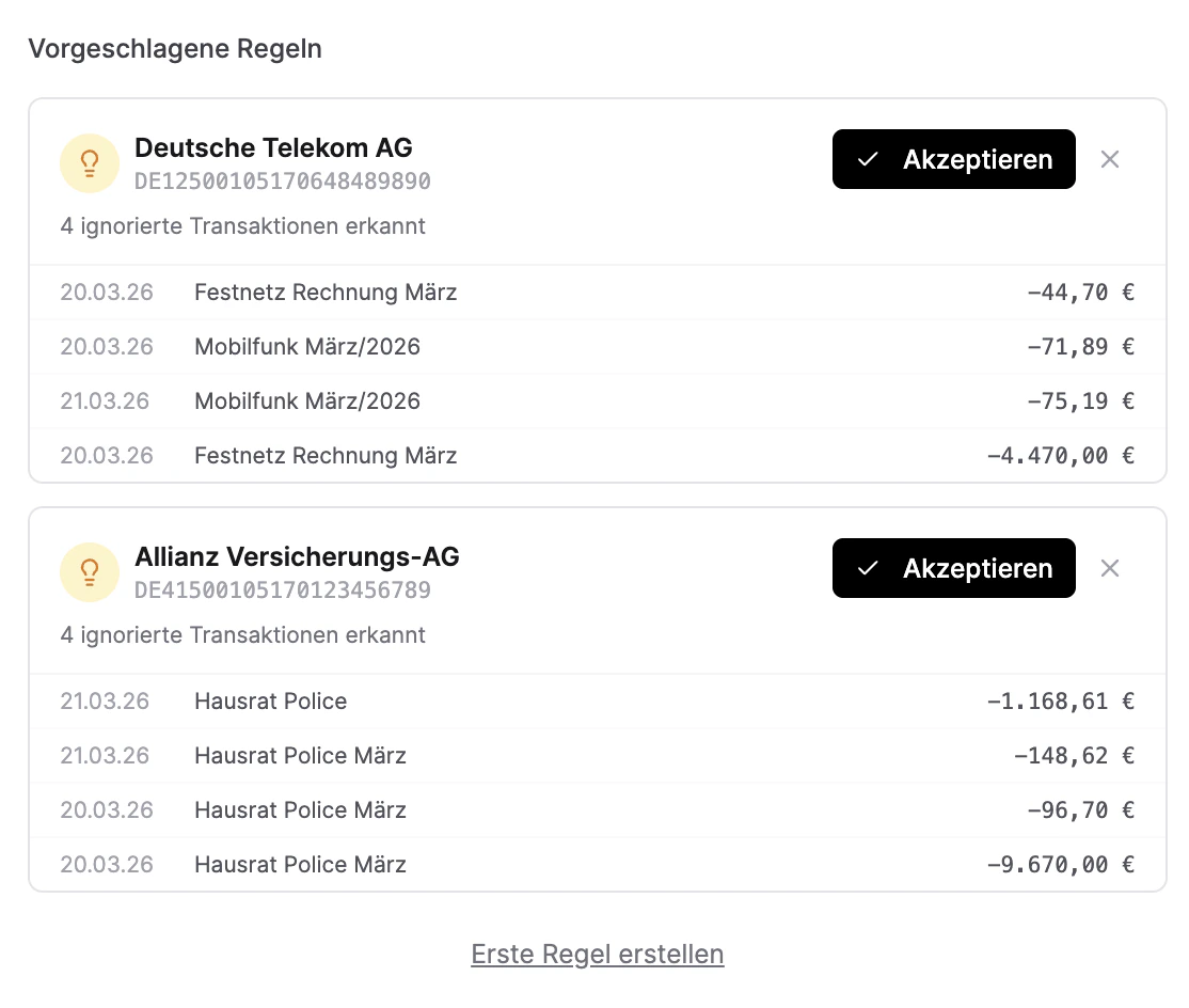 Vorgeschlagene Regeln basierend auf ignorierten Transaktionen