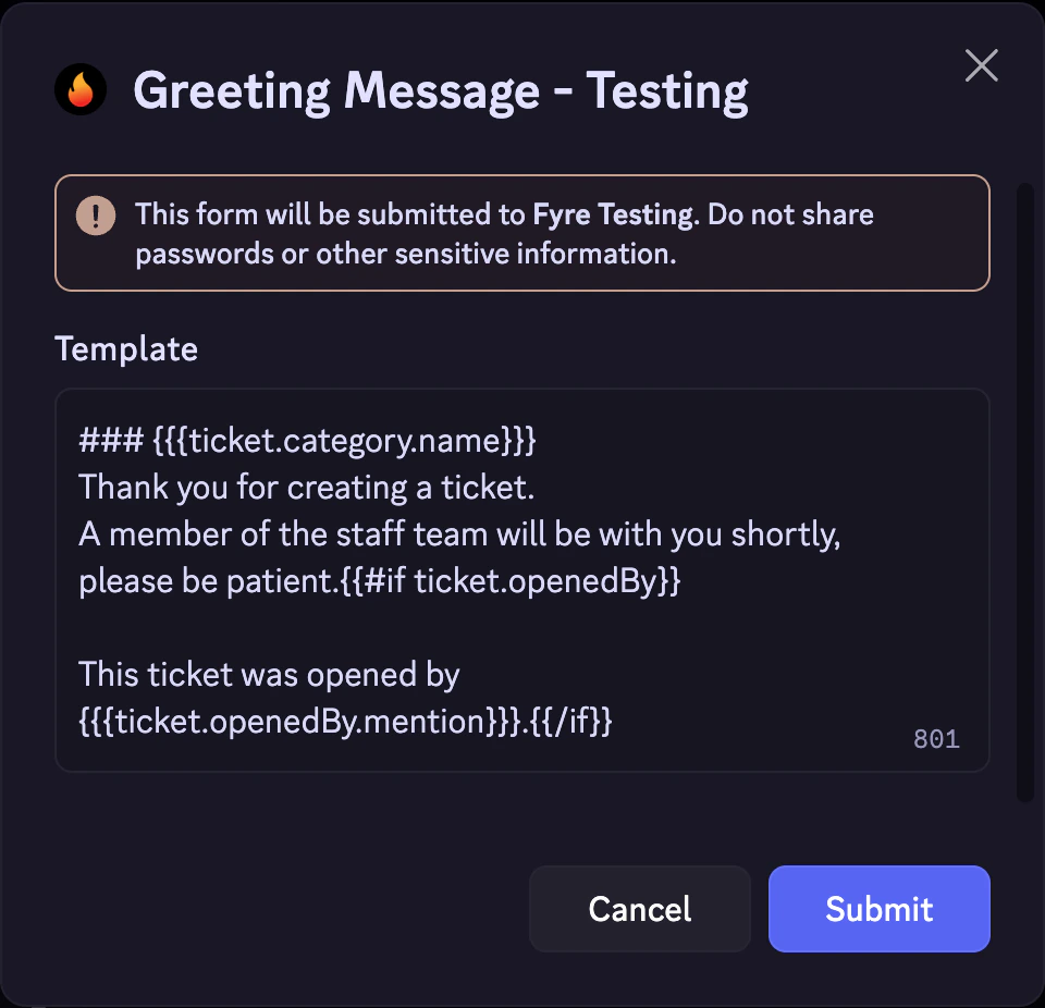 Admin Ticket Greeting Modal Example