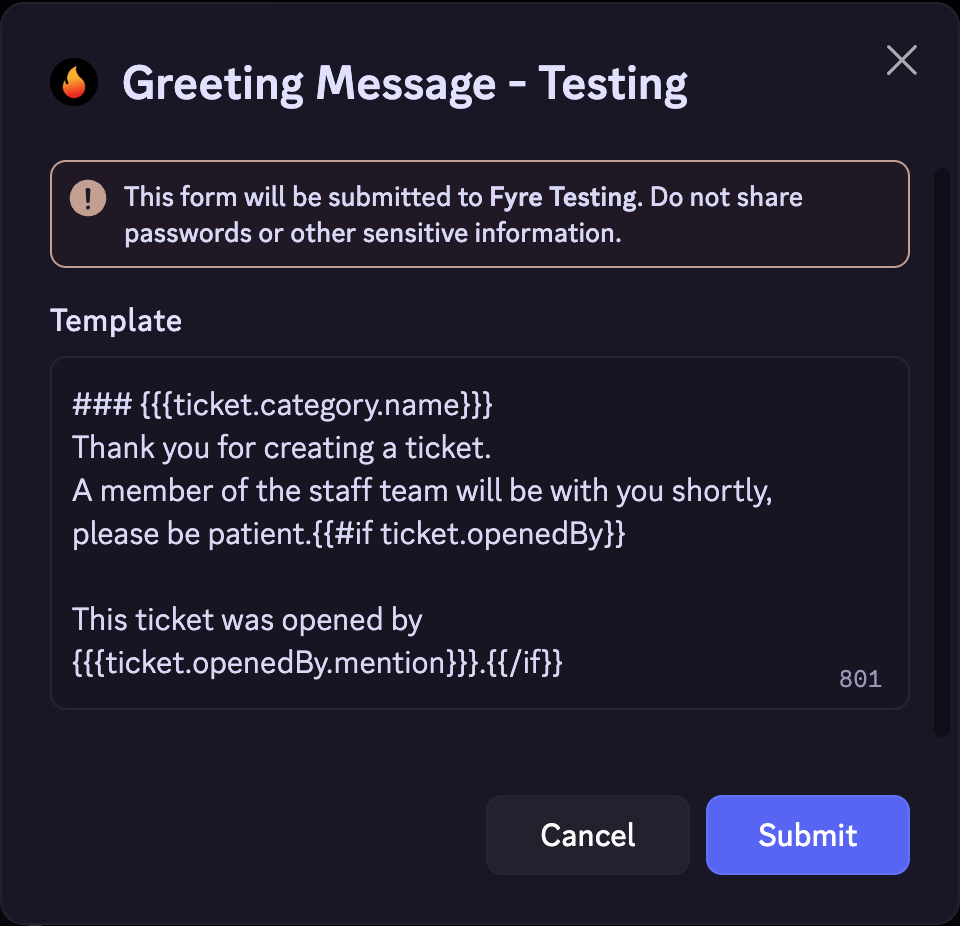 Admin Ticket Greeting Modal Example