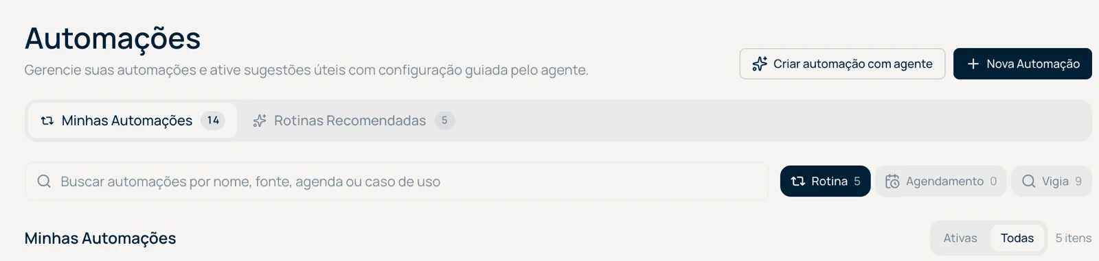Tela de Automações com abas de minhas automações, rotinas recomendadas e filtros por tipo