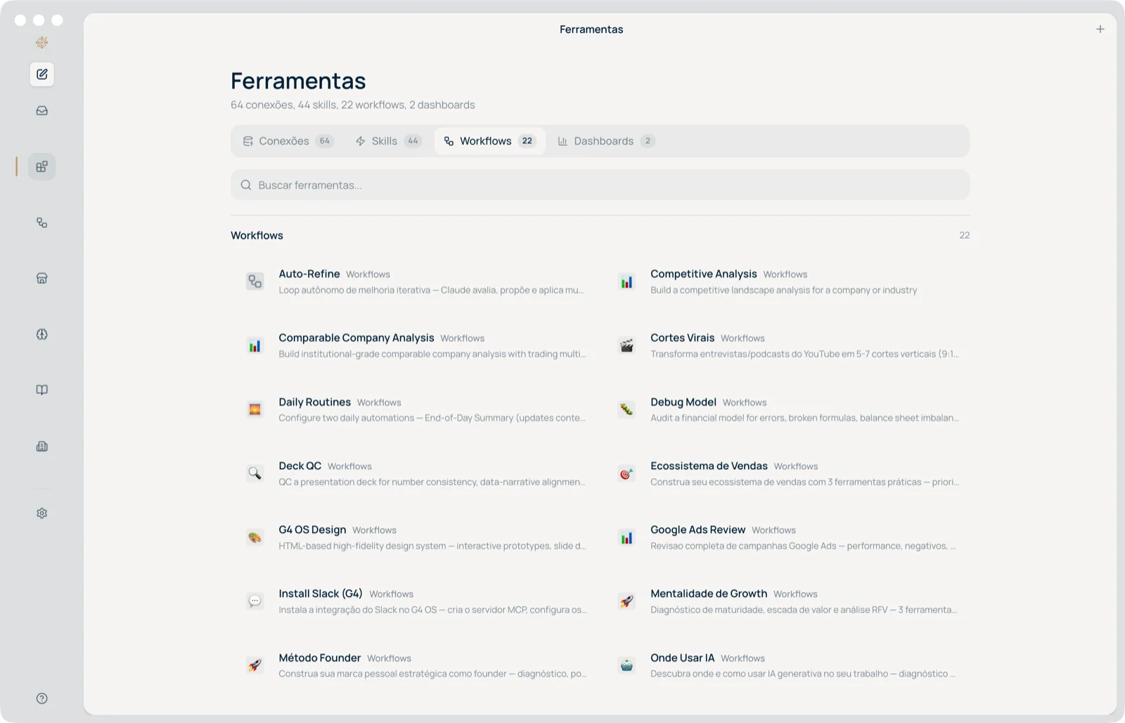 Lista de workflows dentro do hub Ferramentas do G4 OS