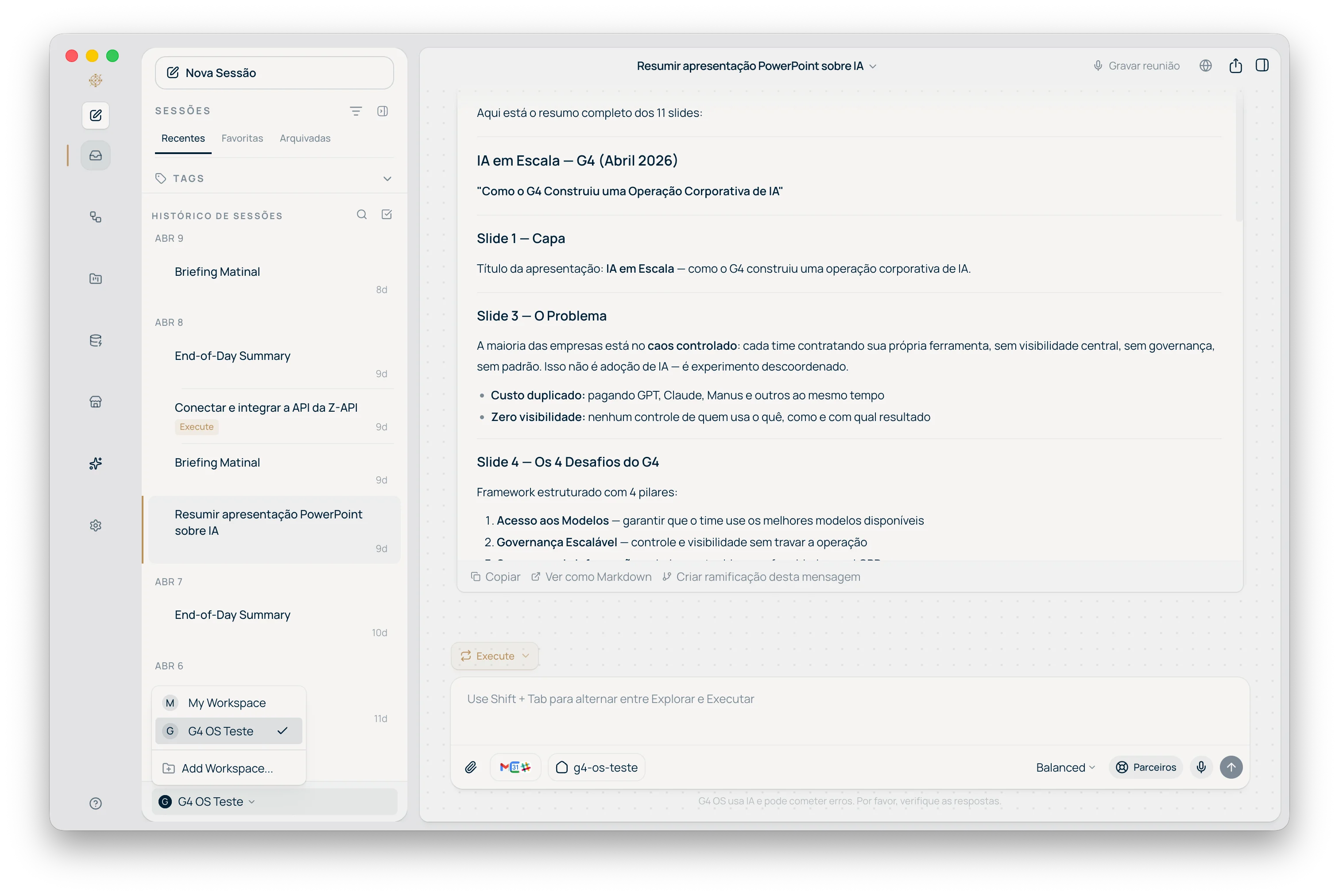 Menu de workspace com a opção Add Workspace