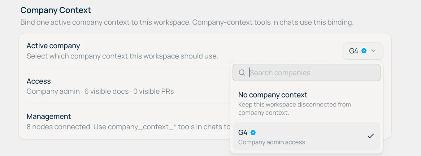 Seletor de empresa no workspace com badge de verificação