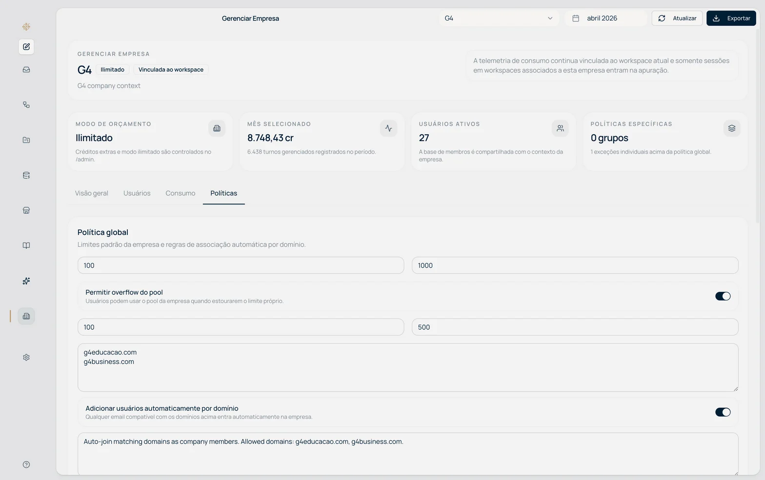 Aba Políticas com configuração de limites globais, overflow de pool e domínios de auto-join