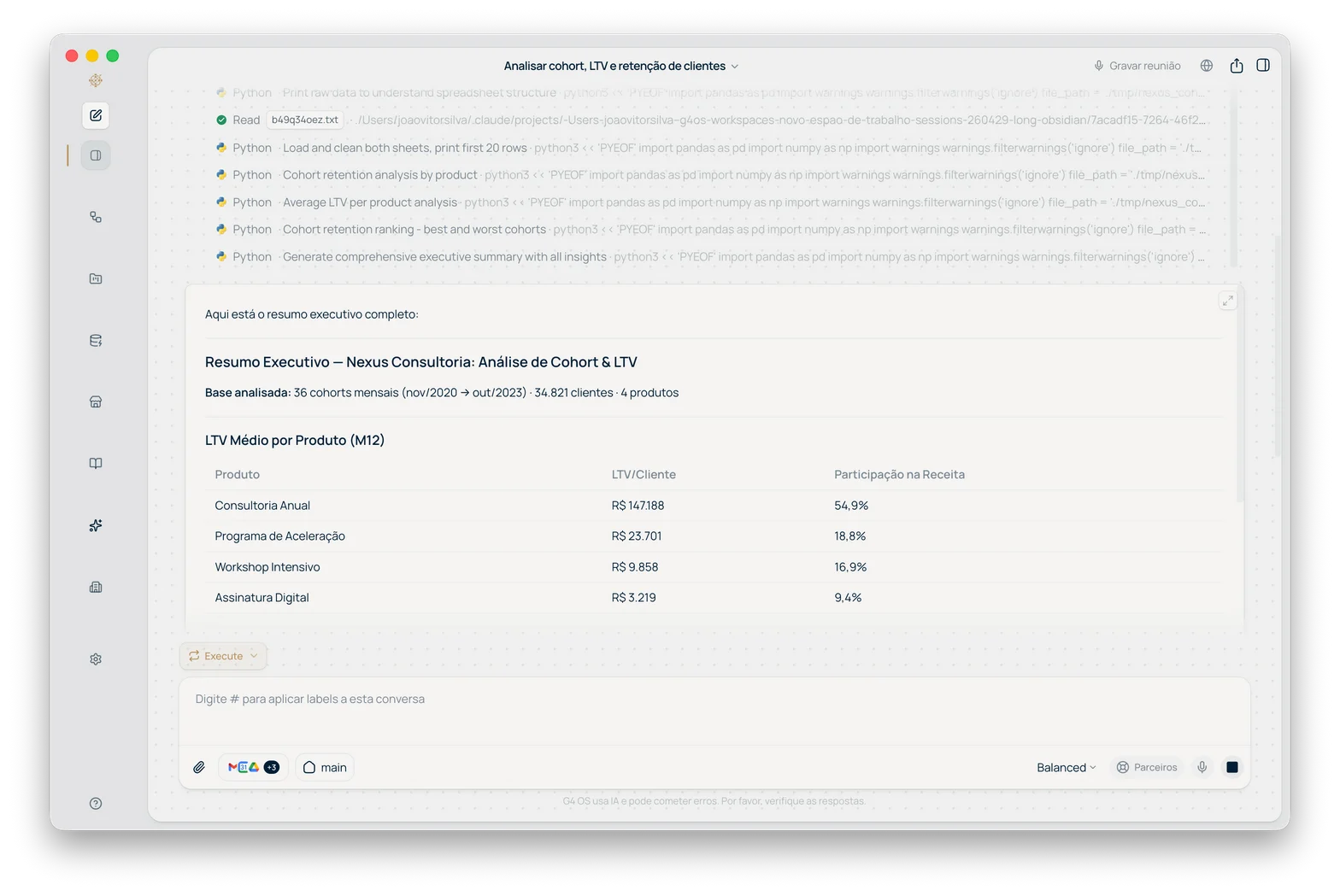 Resumo executivo — Nexus Consultoria: Análise de Cohort & LTV