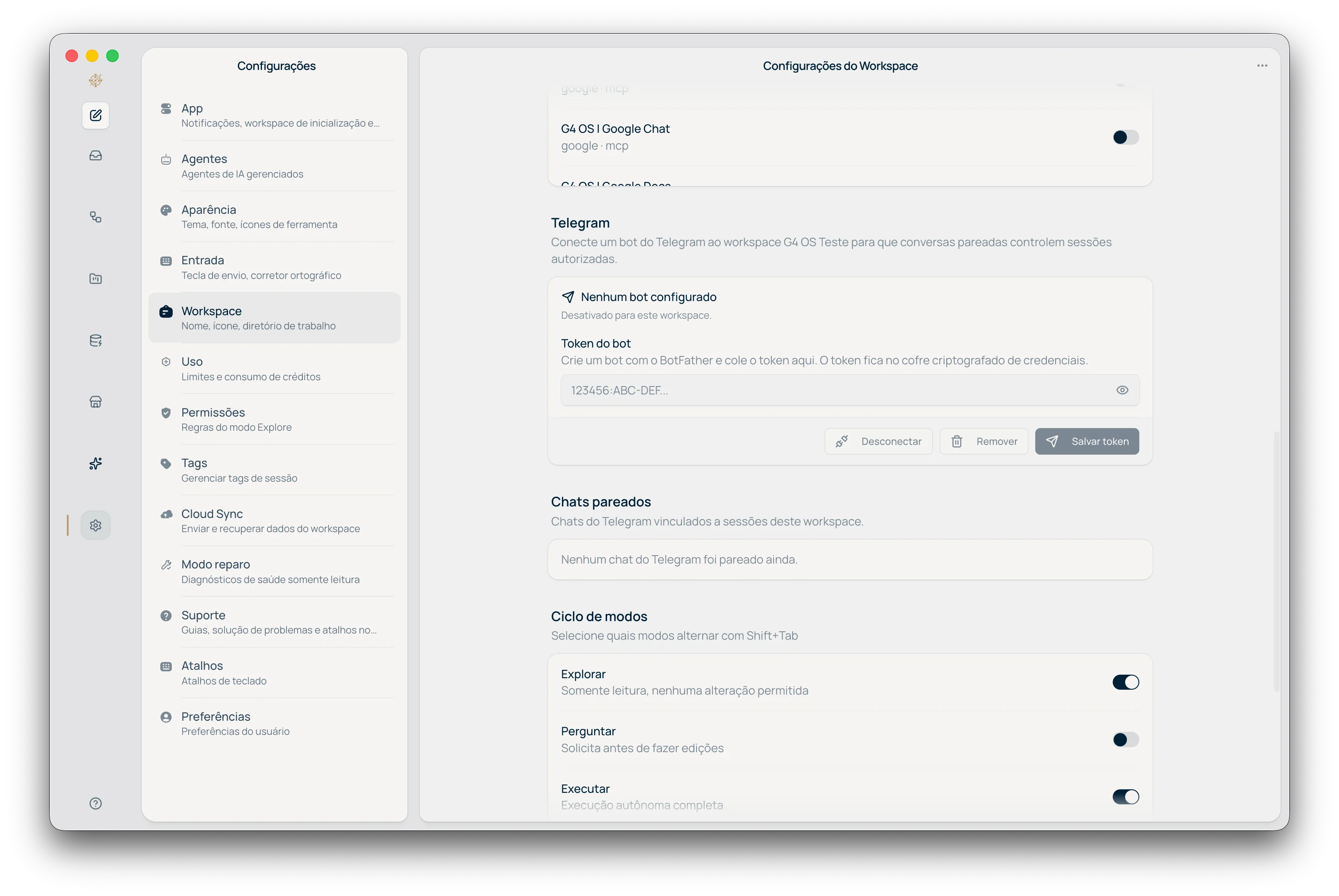 Configurações do Workspace — seção Telegram com campo de token do bot e lista de chats pareados
