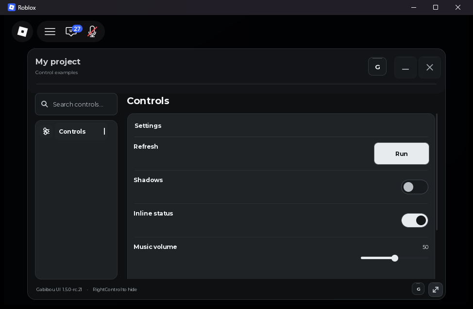 Running rc.21 Gabibou UI demo with a button, one toggle off, one toggle on, and a slider