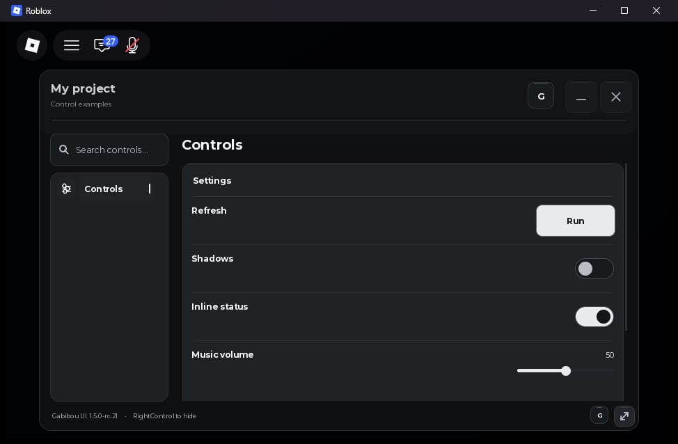 Running rc.21 Gabibou UI demo with a button, one toggle off, one toggle on, and a slider