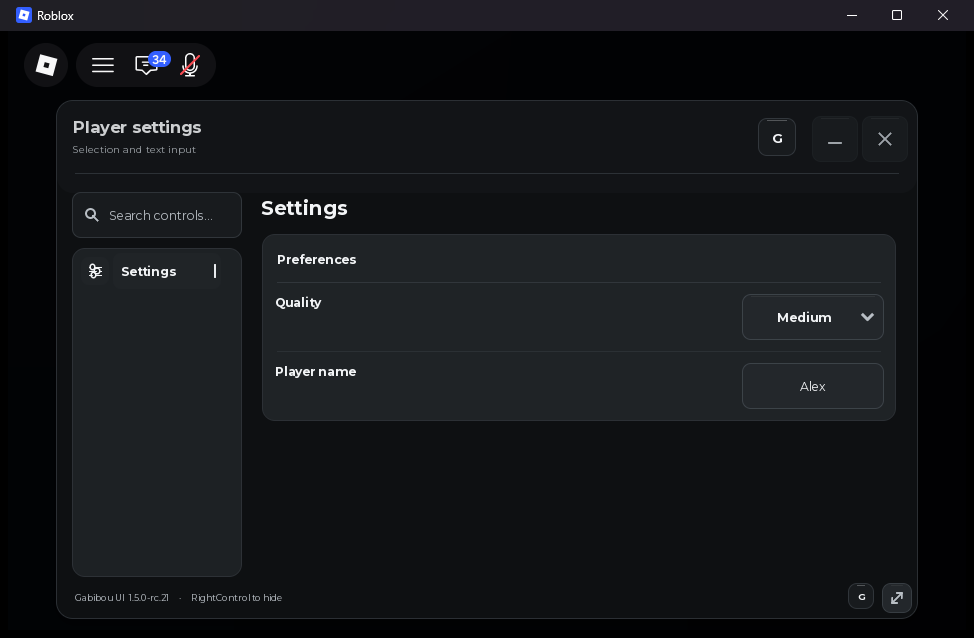 Live rc.21 settings window showing a Quality dropdown and Player name input