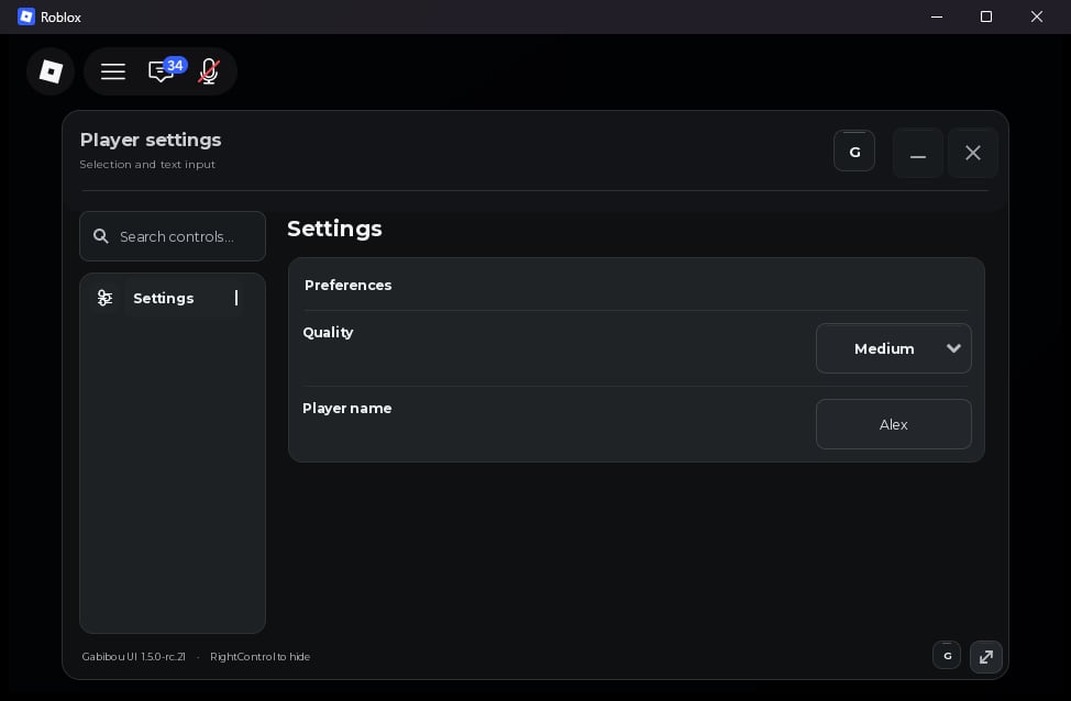 Live rc.21 settings window showing a Quality dropdown and Player name input