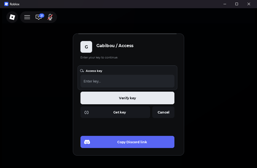 Live rc.21 key gate with an access-key field, Verify, Get key, Cancel, and Discord actions