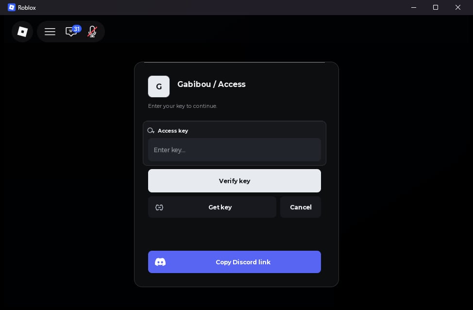 Live rc.21 key gate with an access-key field, Verify, Get key, Cancel, and Discord actions