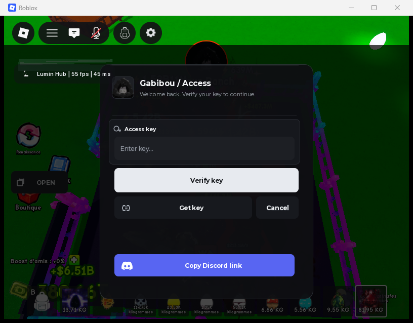 Local rc.23 key-gate preview with player avatar and Verify, Get key, Cancel, and Discord actions