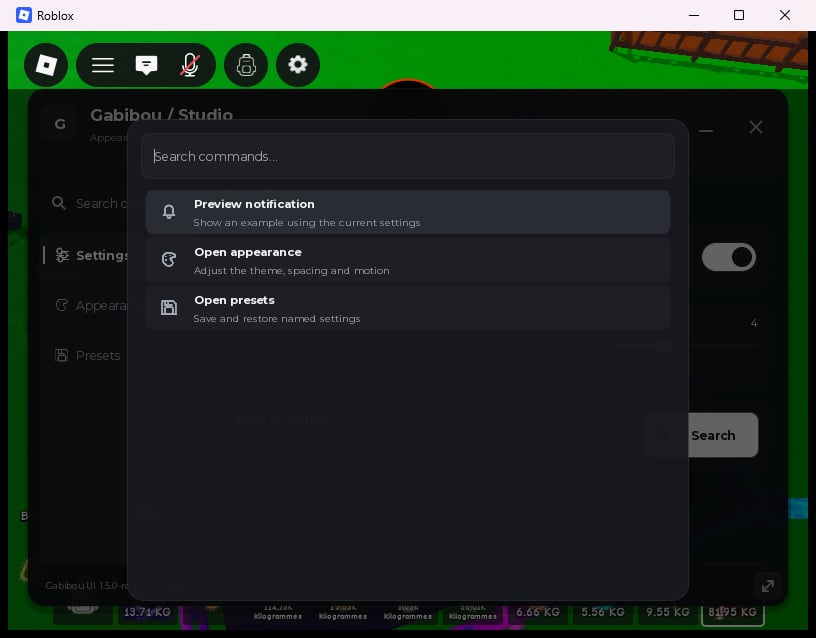 Searchable command palette open over the rc.24 demo in the Windows Roblox client, showing three matching commands