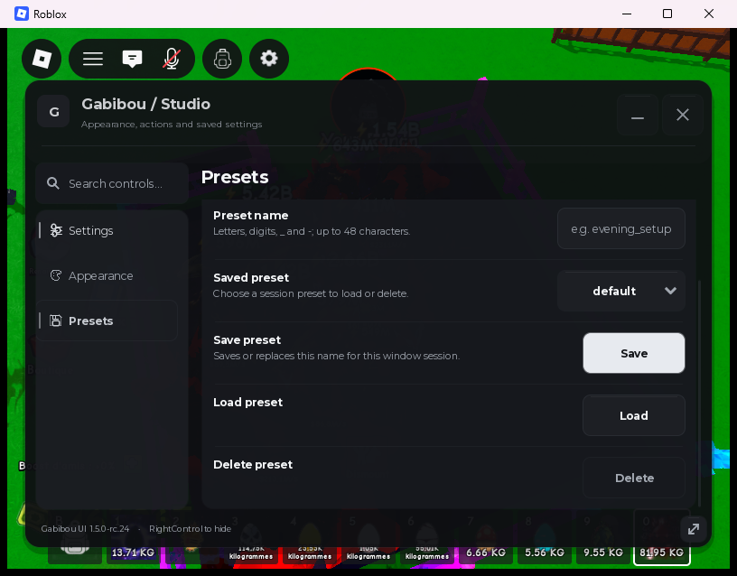 Presets tab in the rc.24 local demo in the Windows Roblox client, with the session preset named default selected