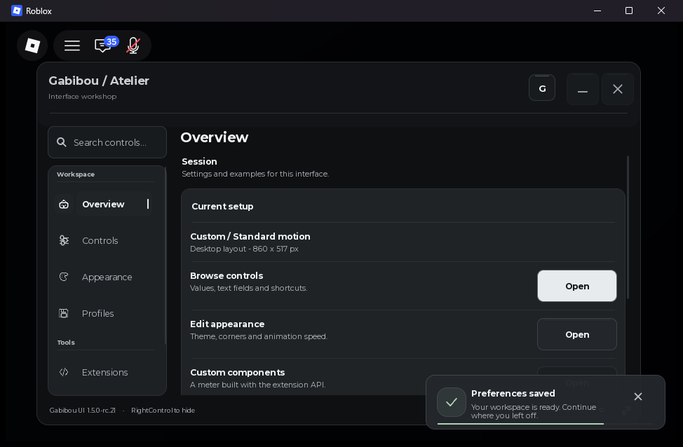 Live rc.21 Atelier window with a Preferences saved notification