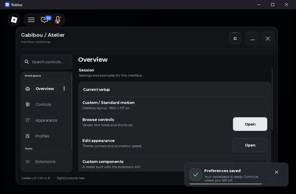 Live rc.21 Atelier window with a Preferences saved notification