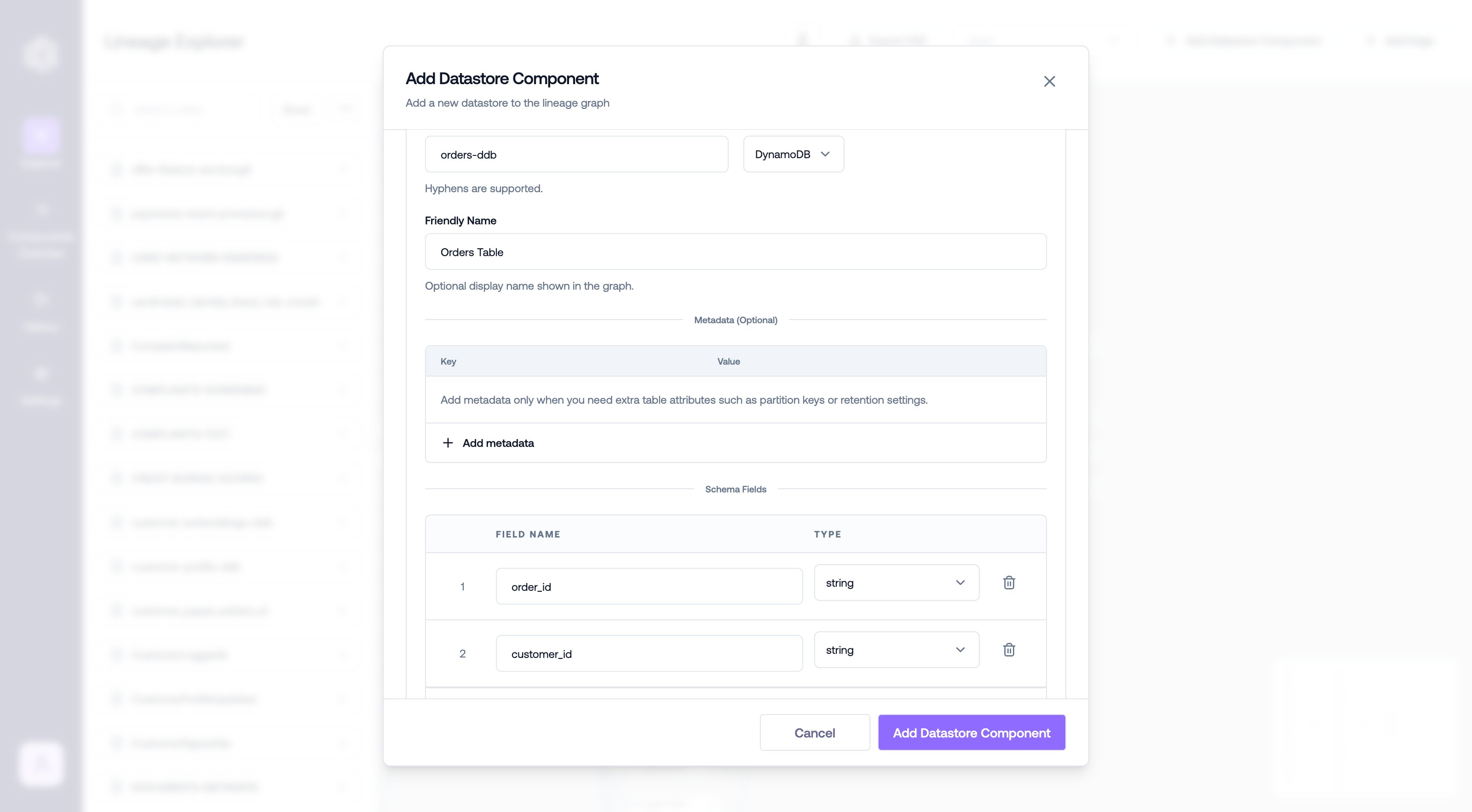 The Add Datastore Component modal in Lineage Explorer