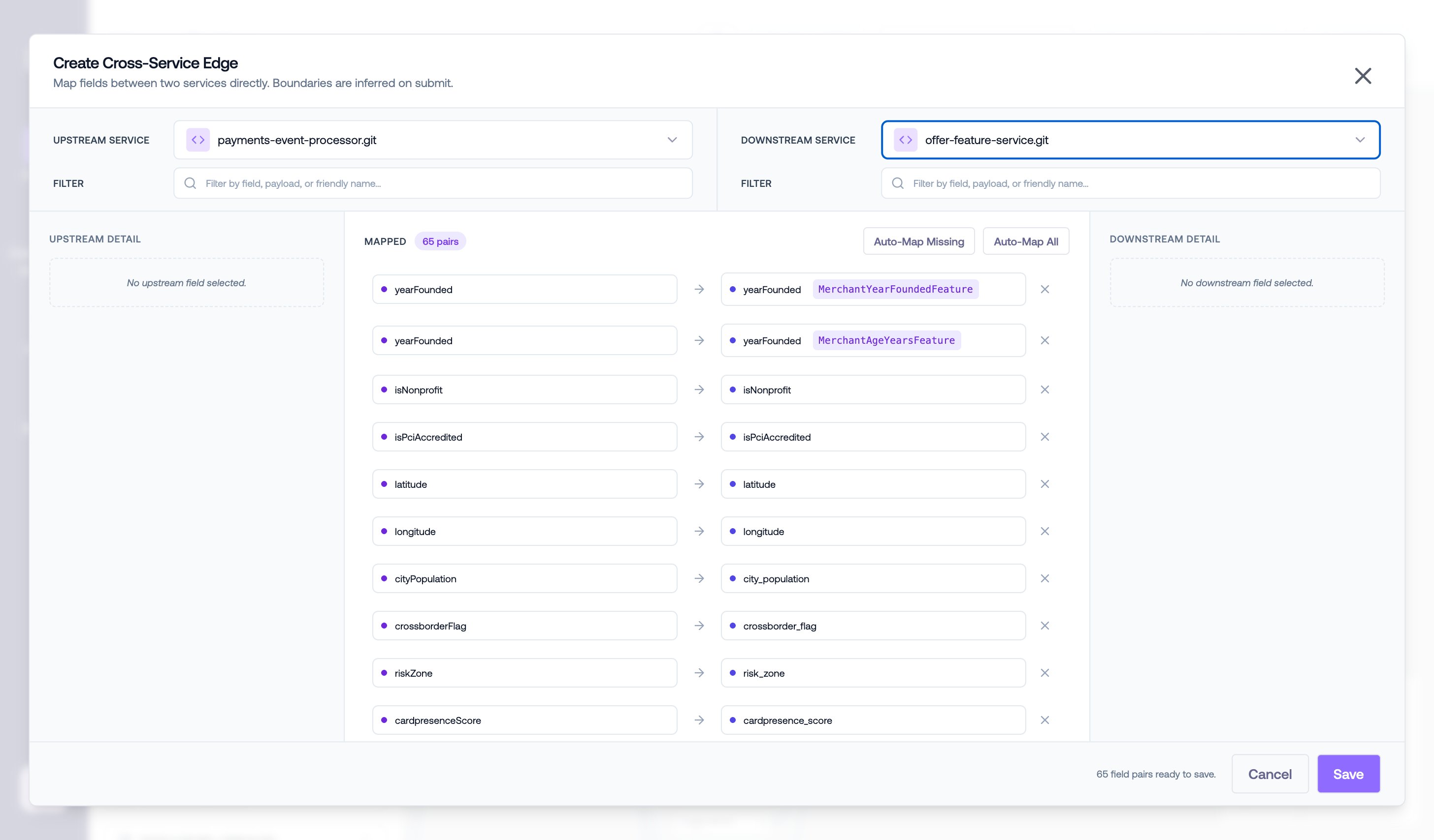 The Create Cross-Service Edge modal with mapped field pairs