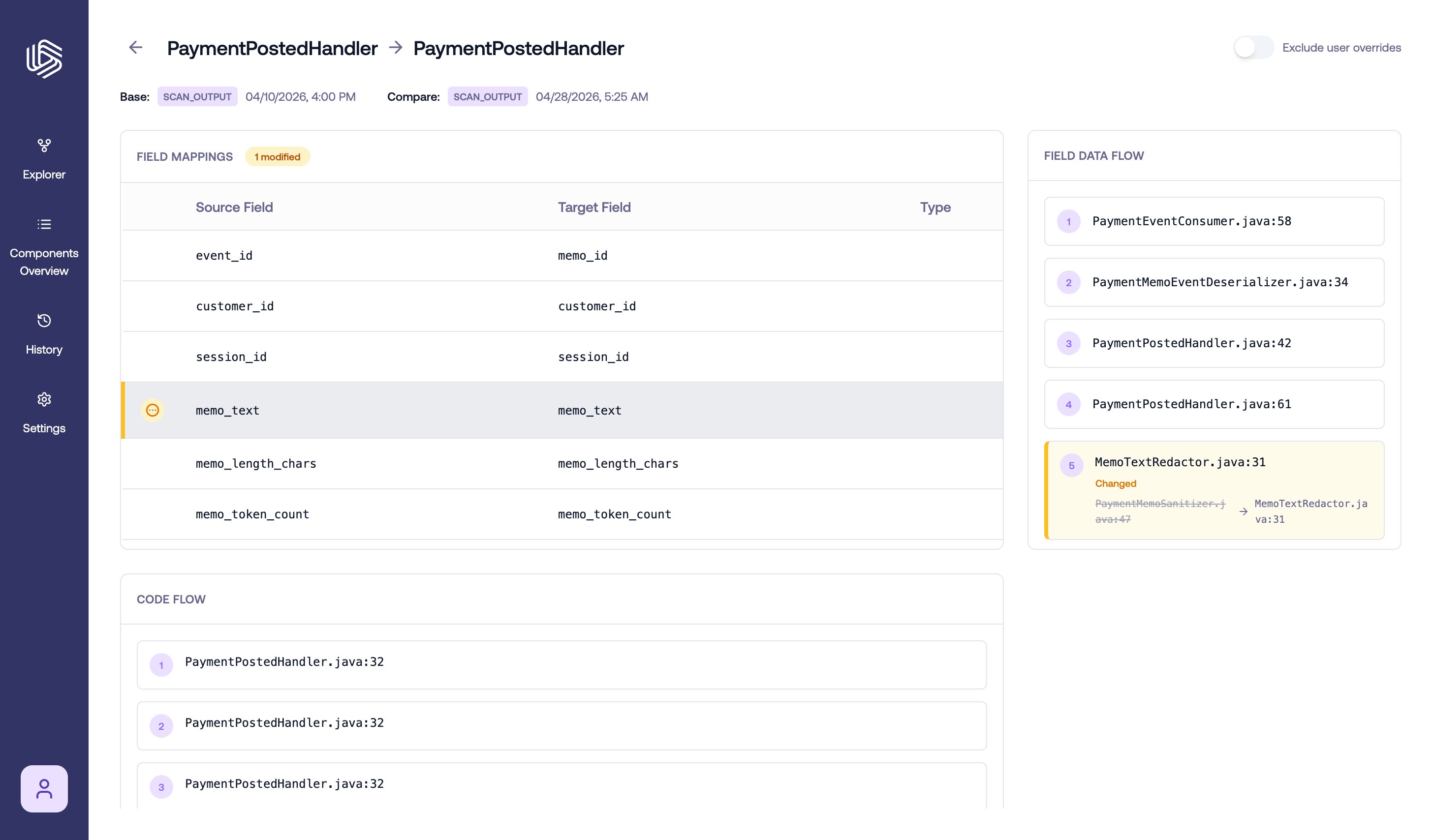 A path diff with a modified field mapping selected