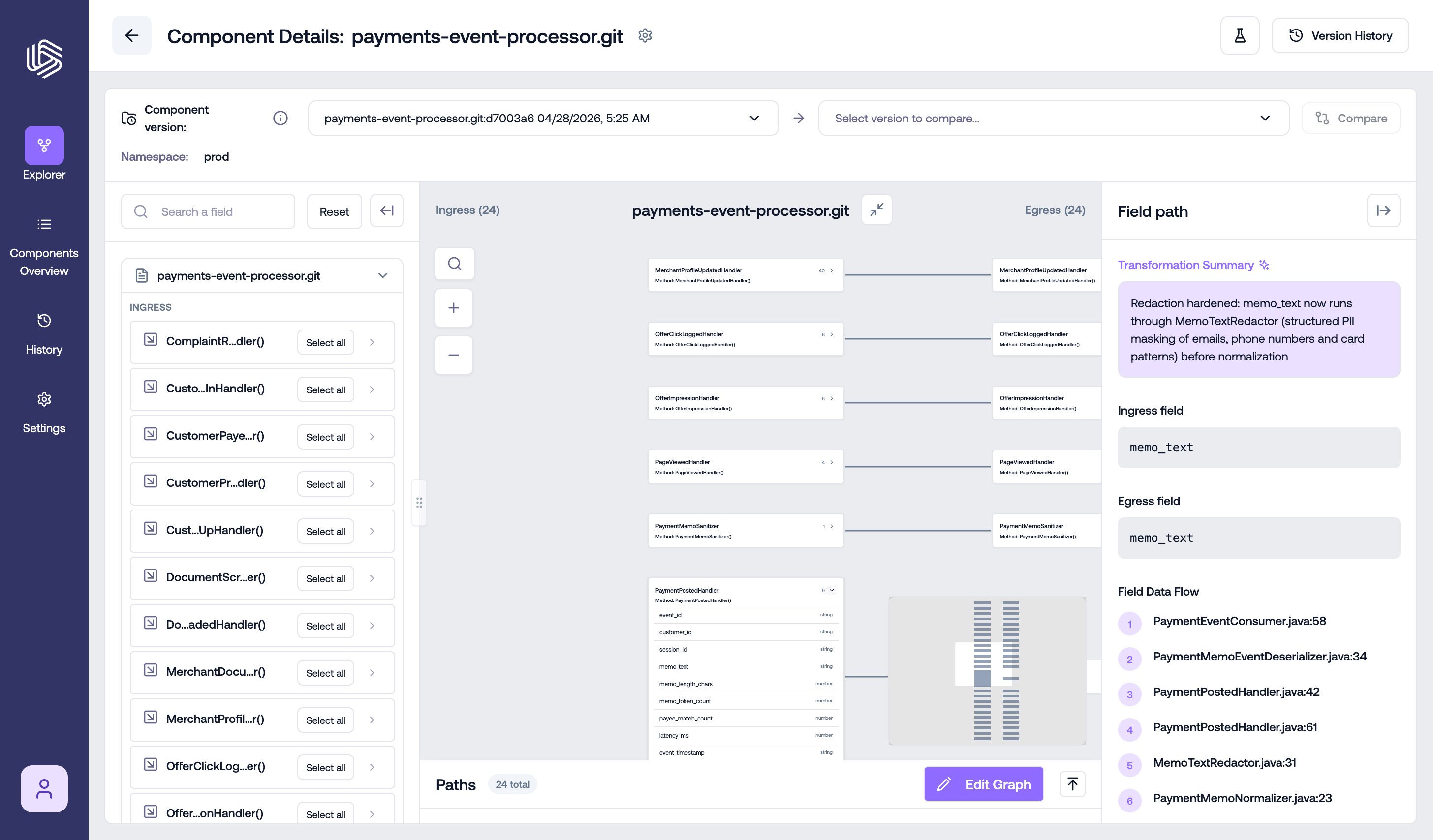 The field path sidebar showing the field data flow