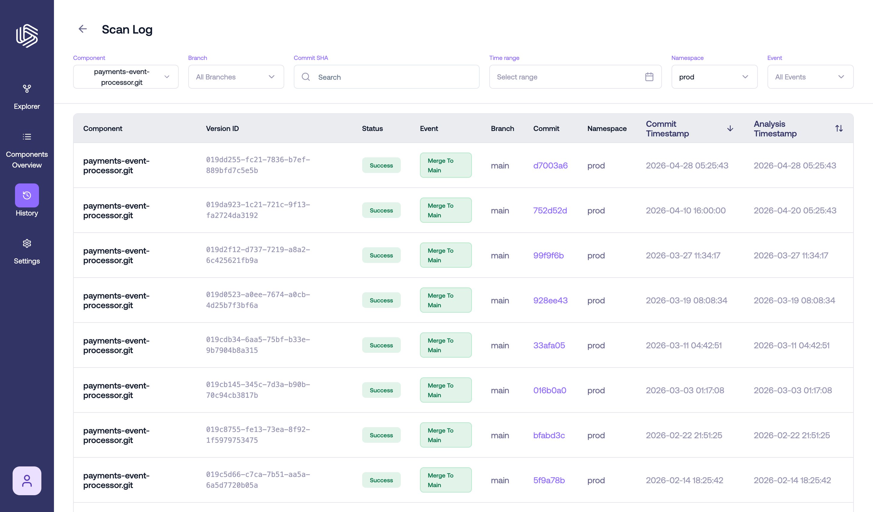 The Scan Log as a point-in-time record of analyzed versions