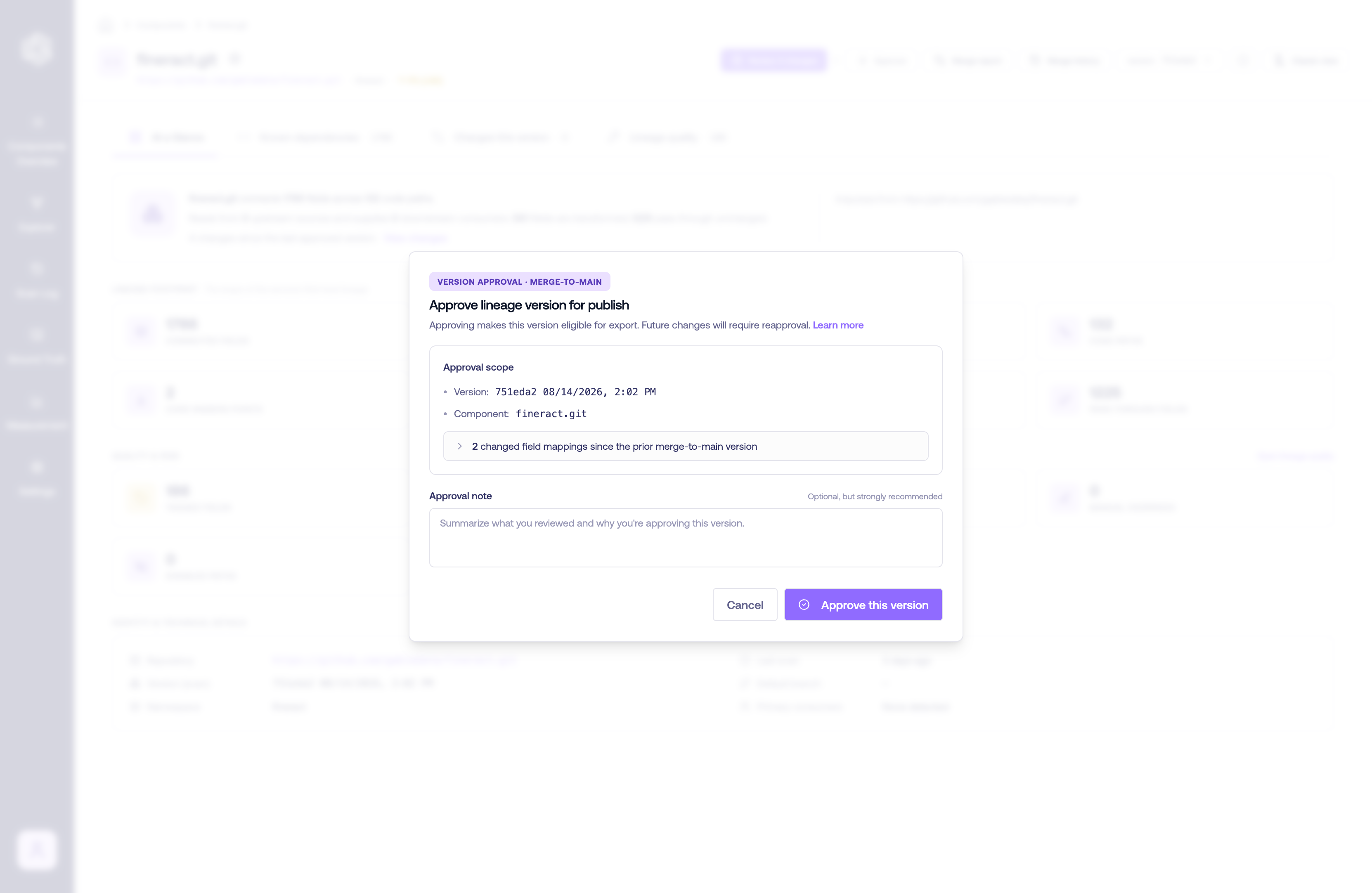 The Approve lineage version dialog