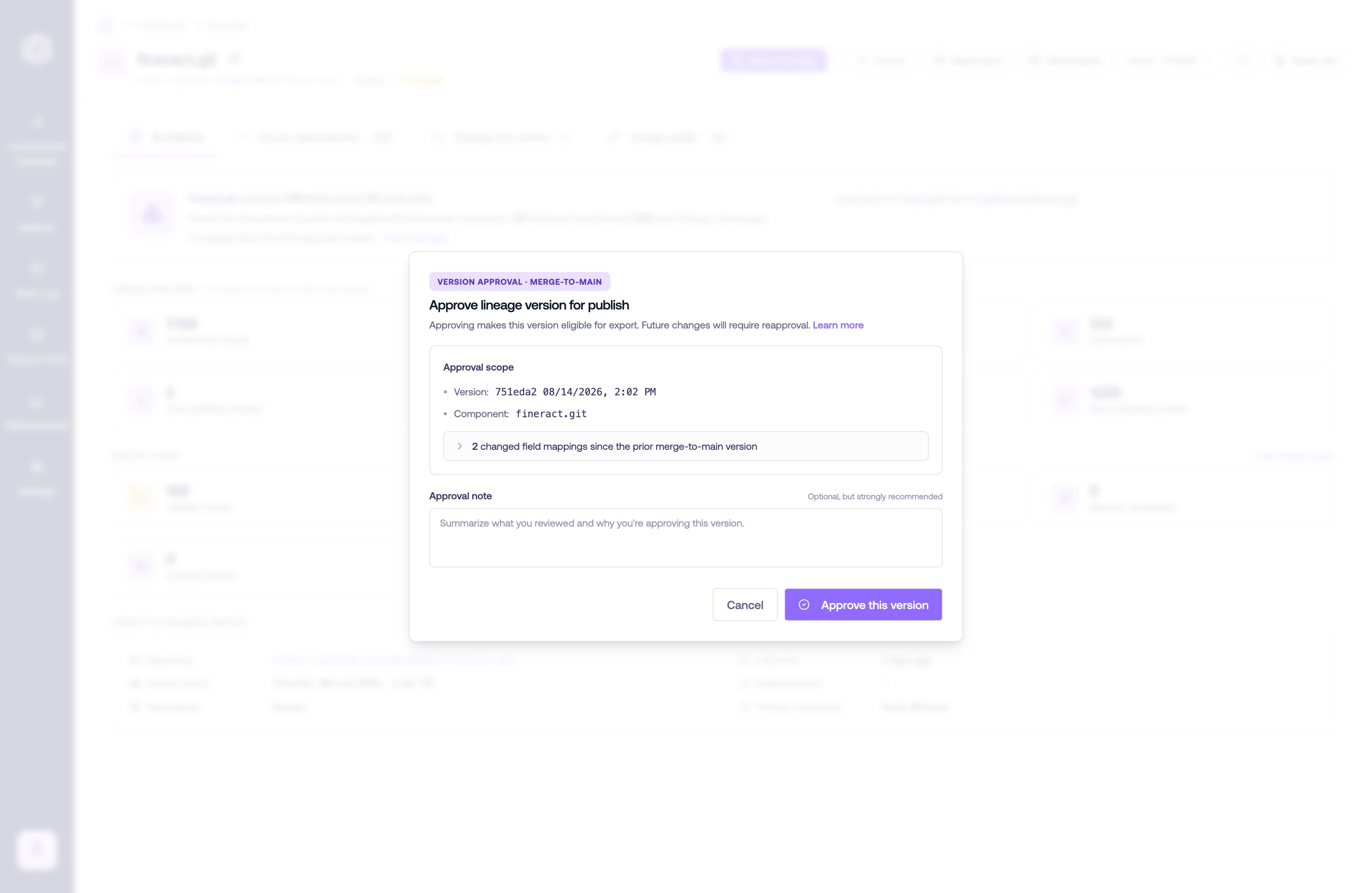 The Approve lineage version dialog