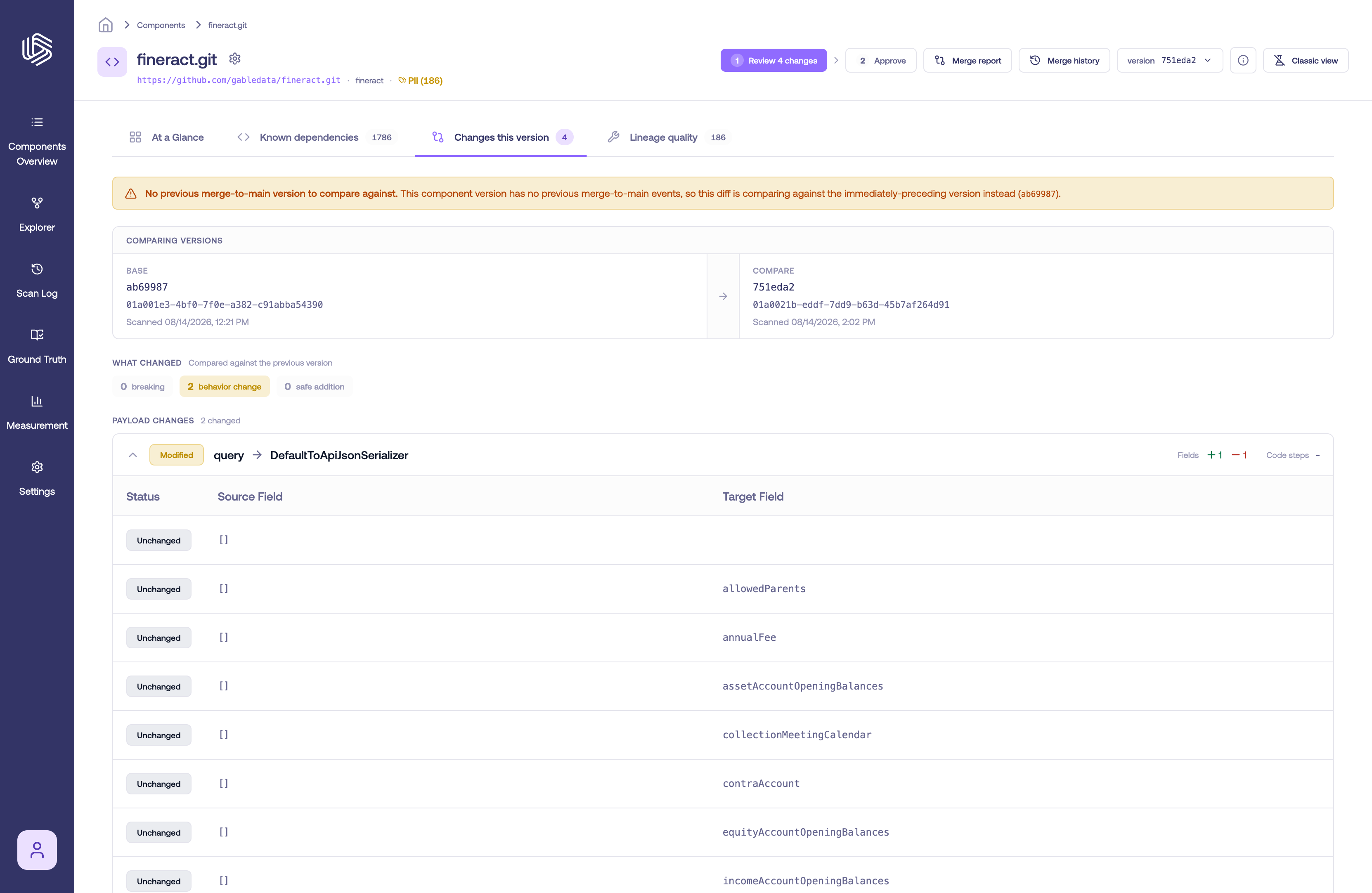The Changes this version tab showing the version comparison, severity summary, and payload changes