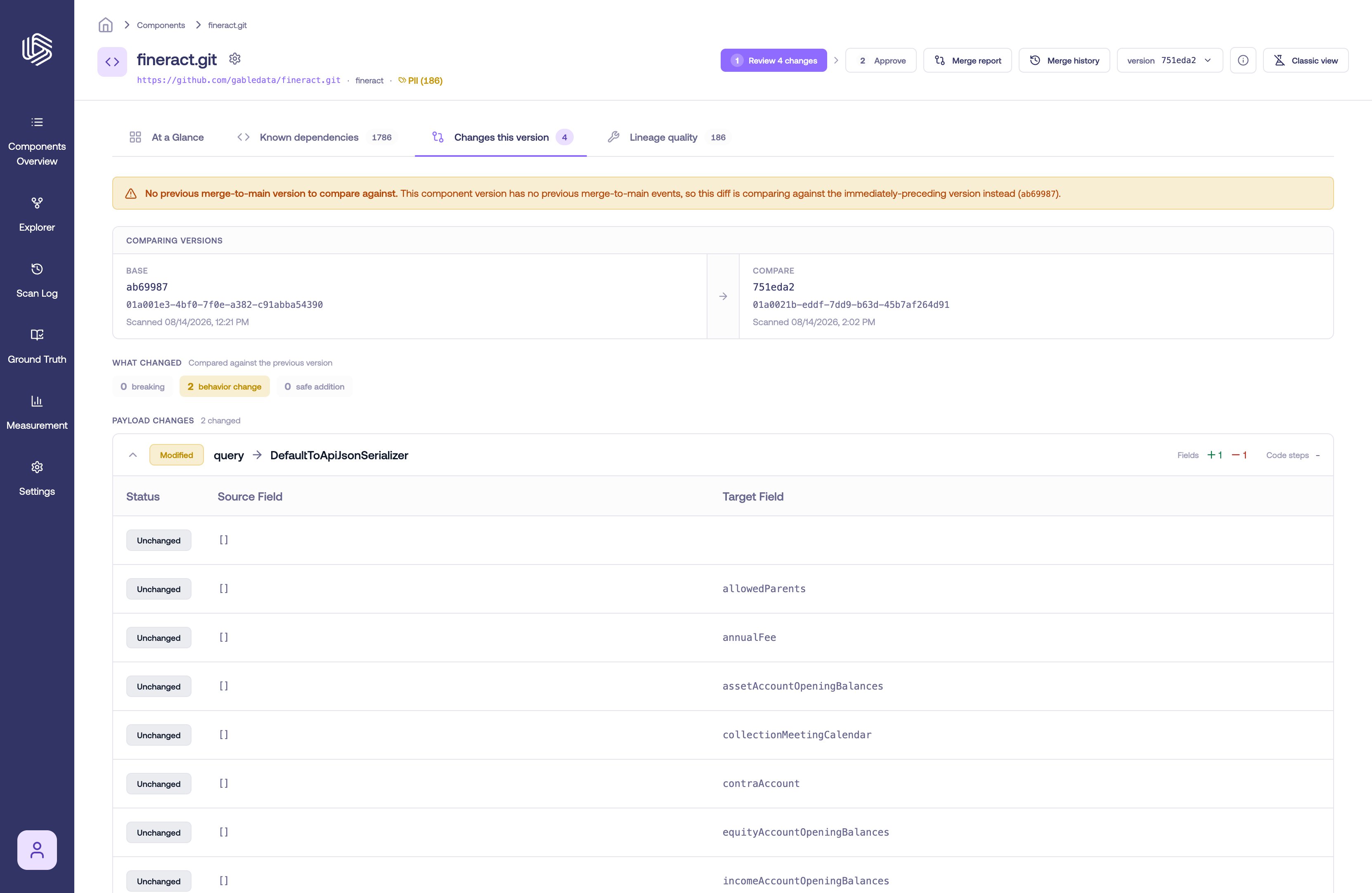 The Changes this version tab showing the version comparison, severity summary, and payload changes
