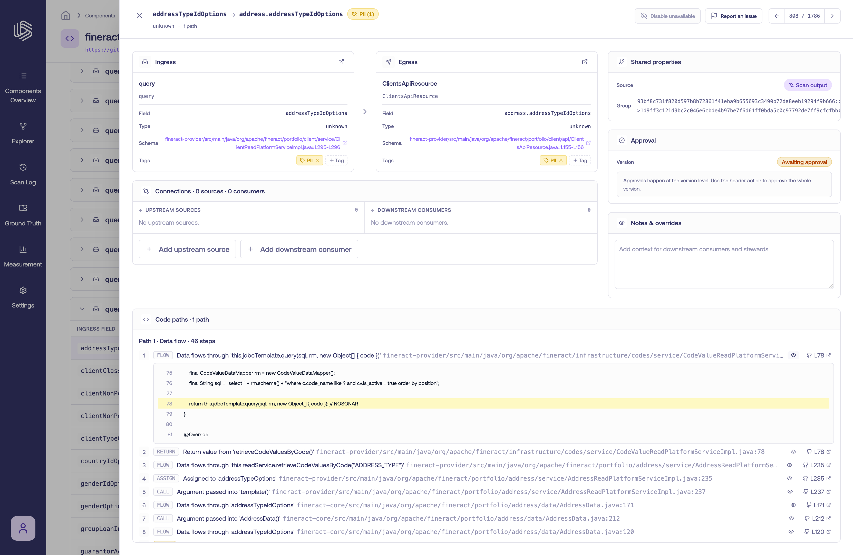 Code path steps with classifications, an inline source snippet, and GitHub links