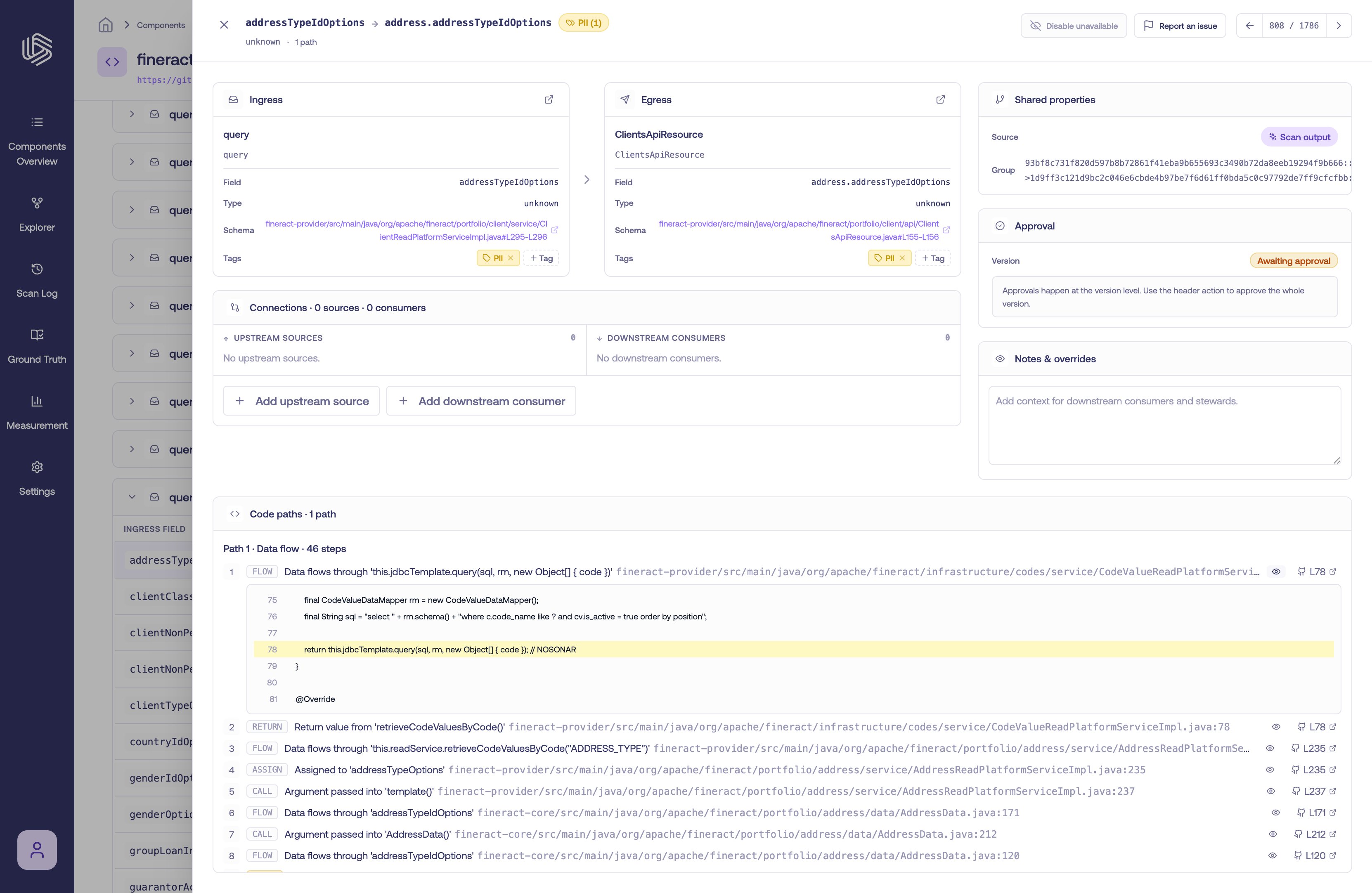 Code path steps with classifications, an inline source snippet, and GitHub links