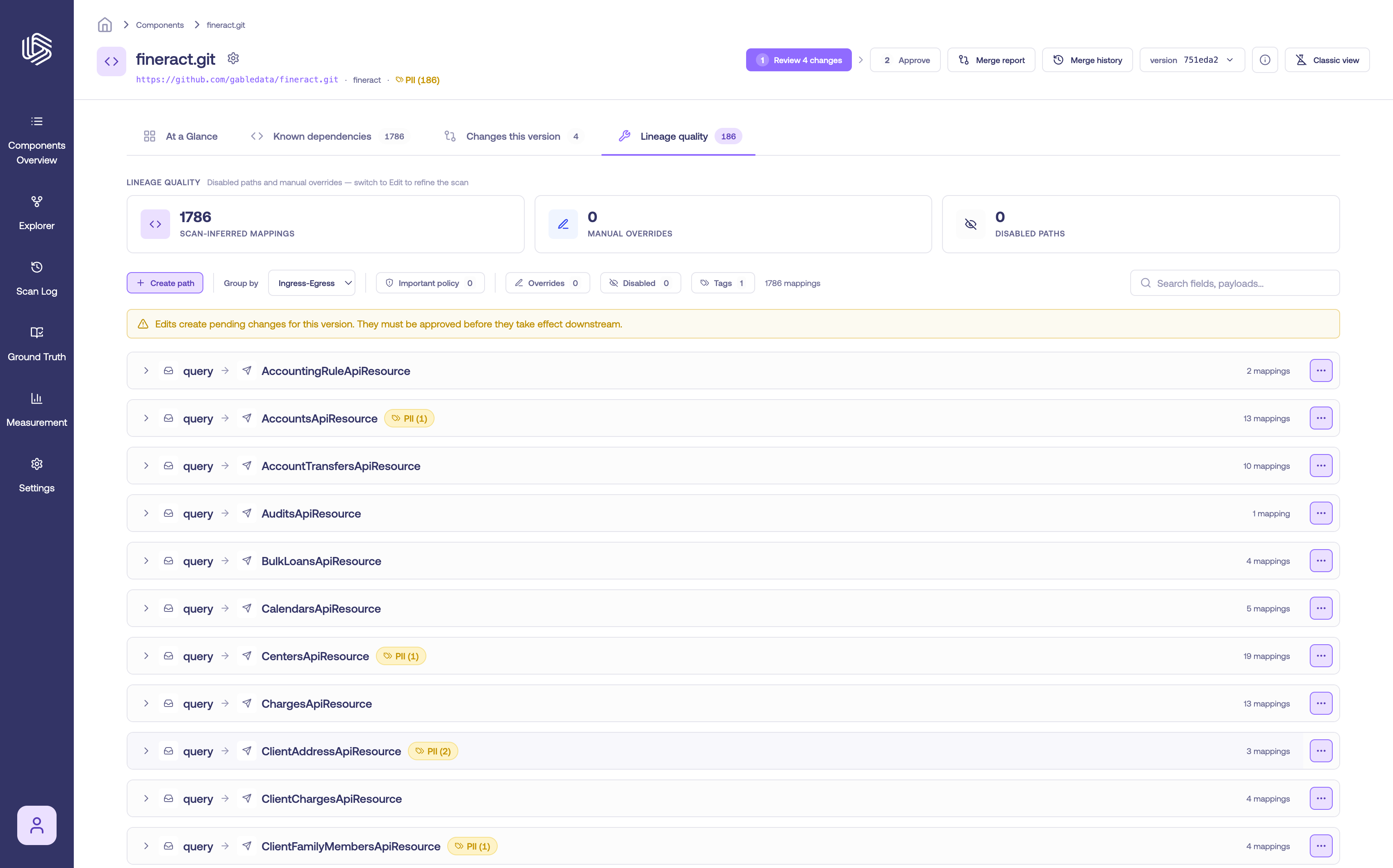 The Lineage quality tab summarizing scan-inferred mappings, manual overrides, and disabled paths