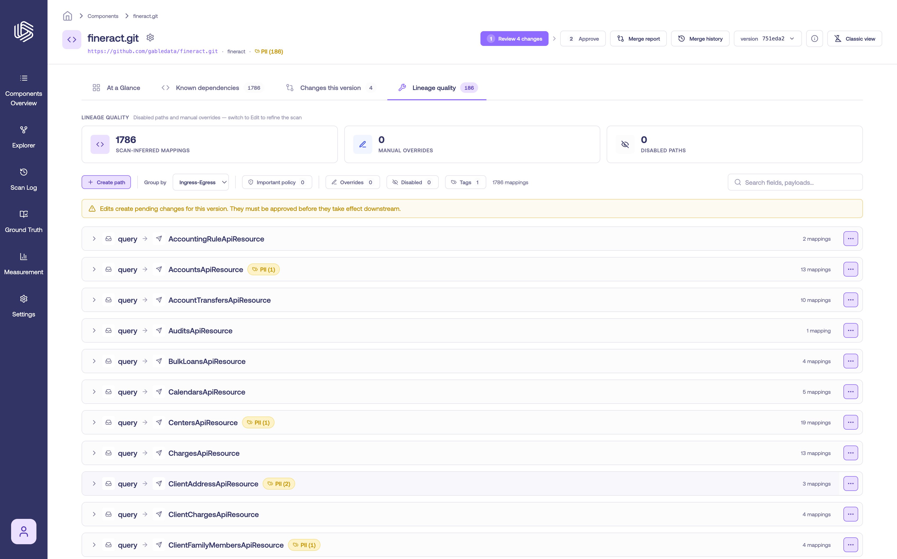 The Lineage quality tab summarizing scan-inferred mappings, manual overrides, and disabled paths