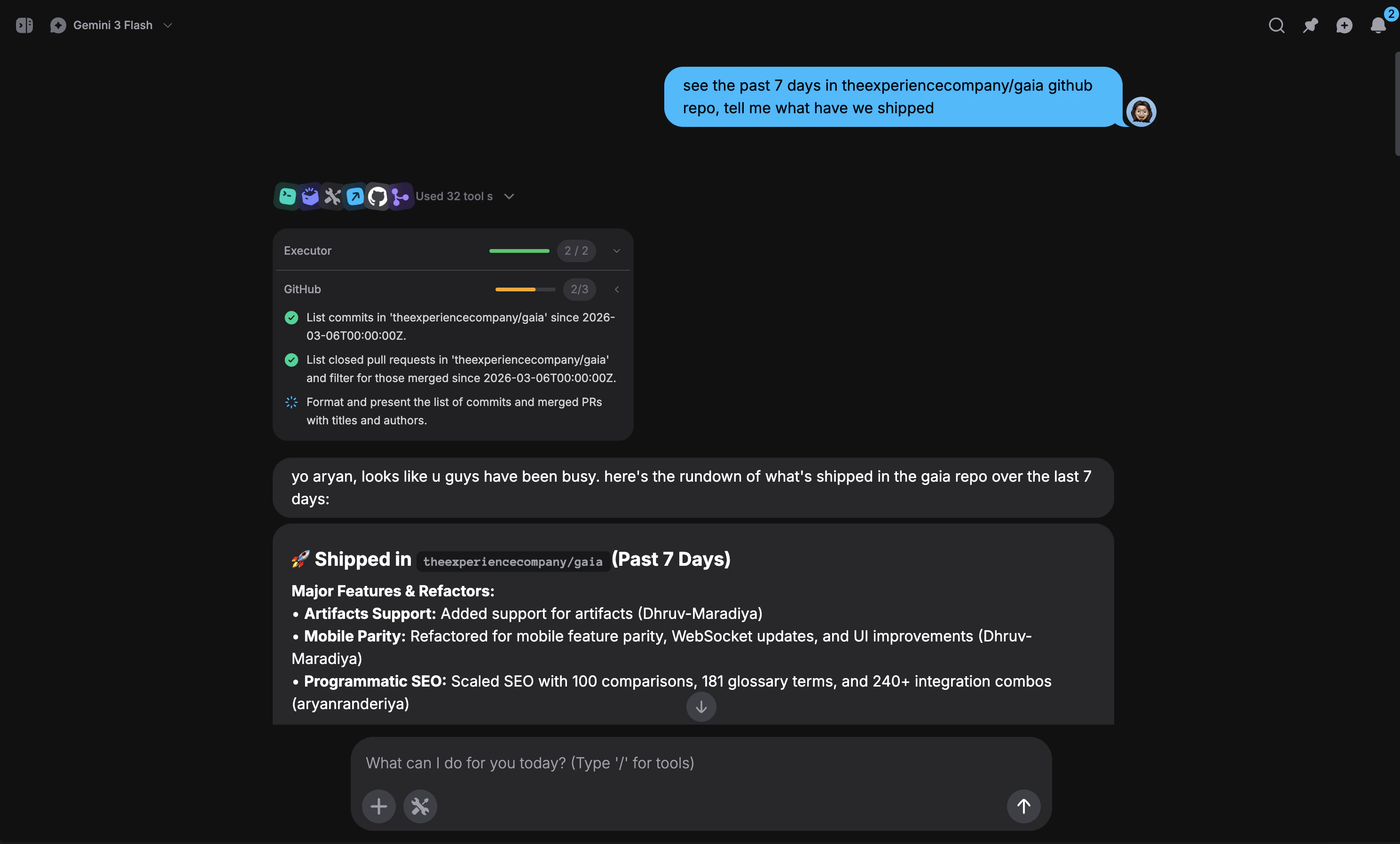 GAIA chat conversation showing a response with follow-up action suggestions