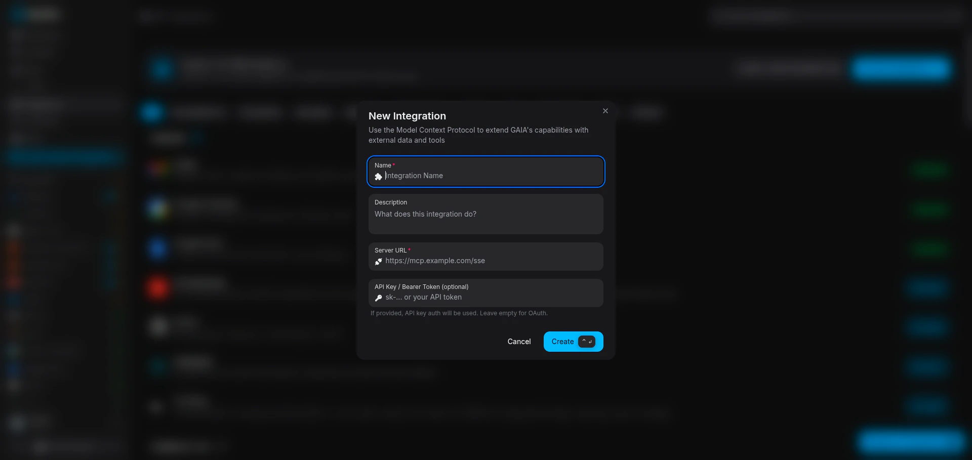 New Integration modal with form fields for name, description, server URL, and API key