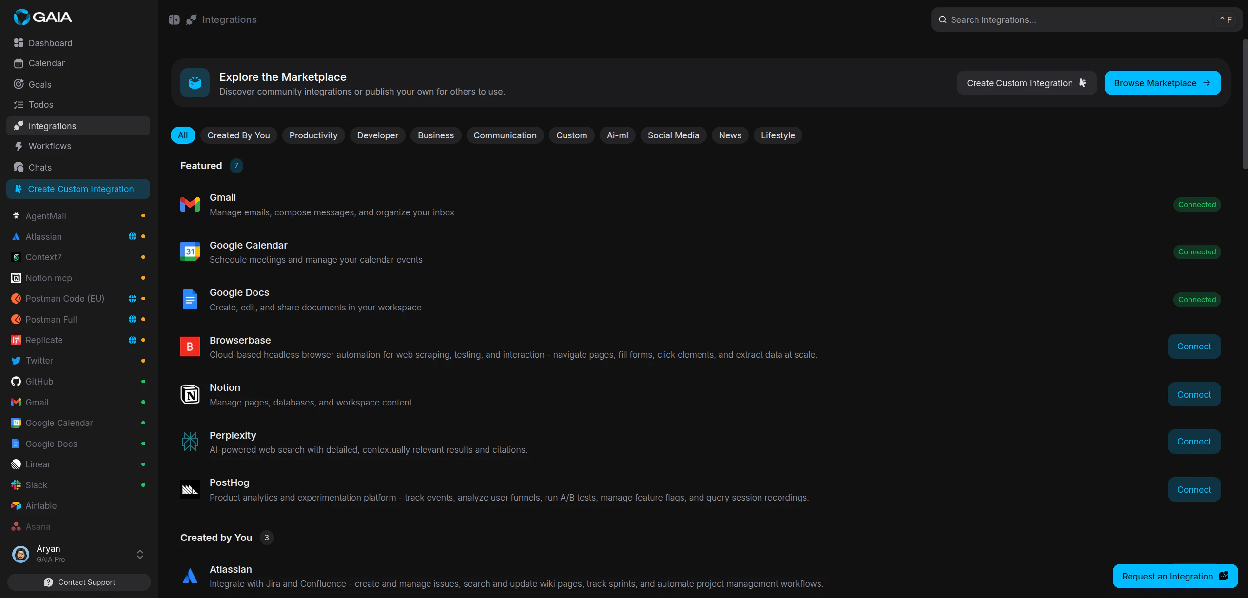 Integrations page showing custom MCP integrations in the sidebar