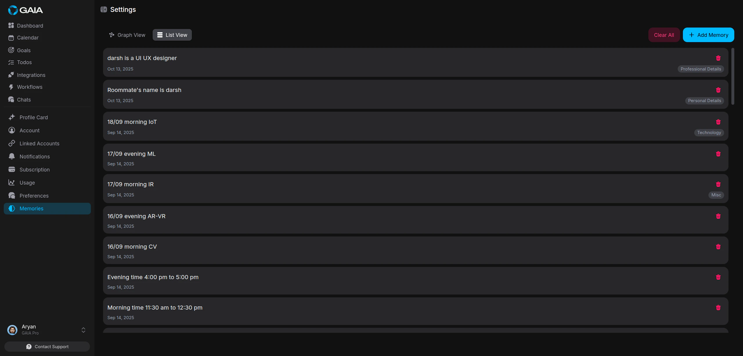 Memory list view showing stored memories with categories and dates