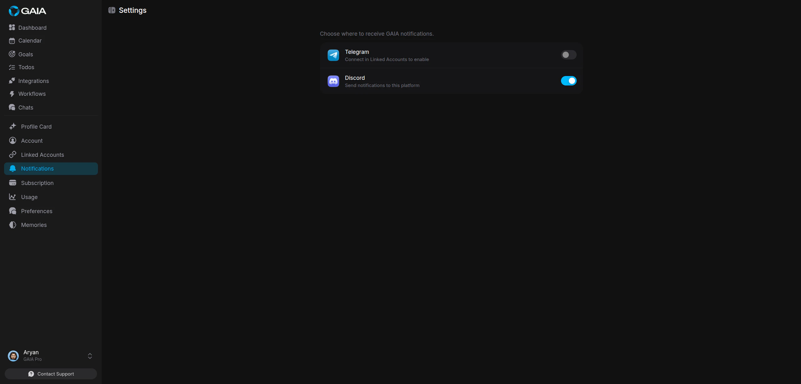 Notification settings showing Telegram and Discord channel toggles