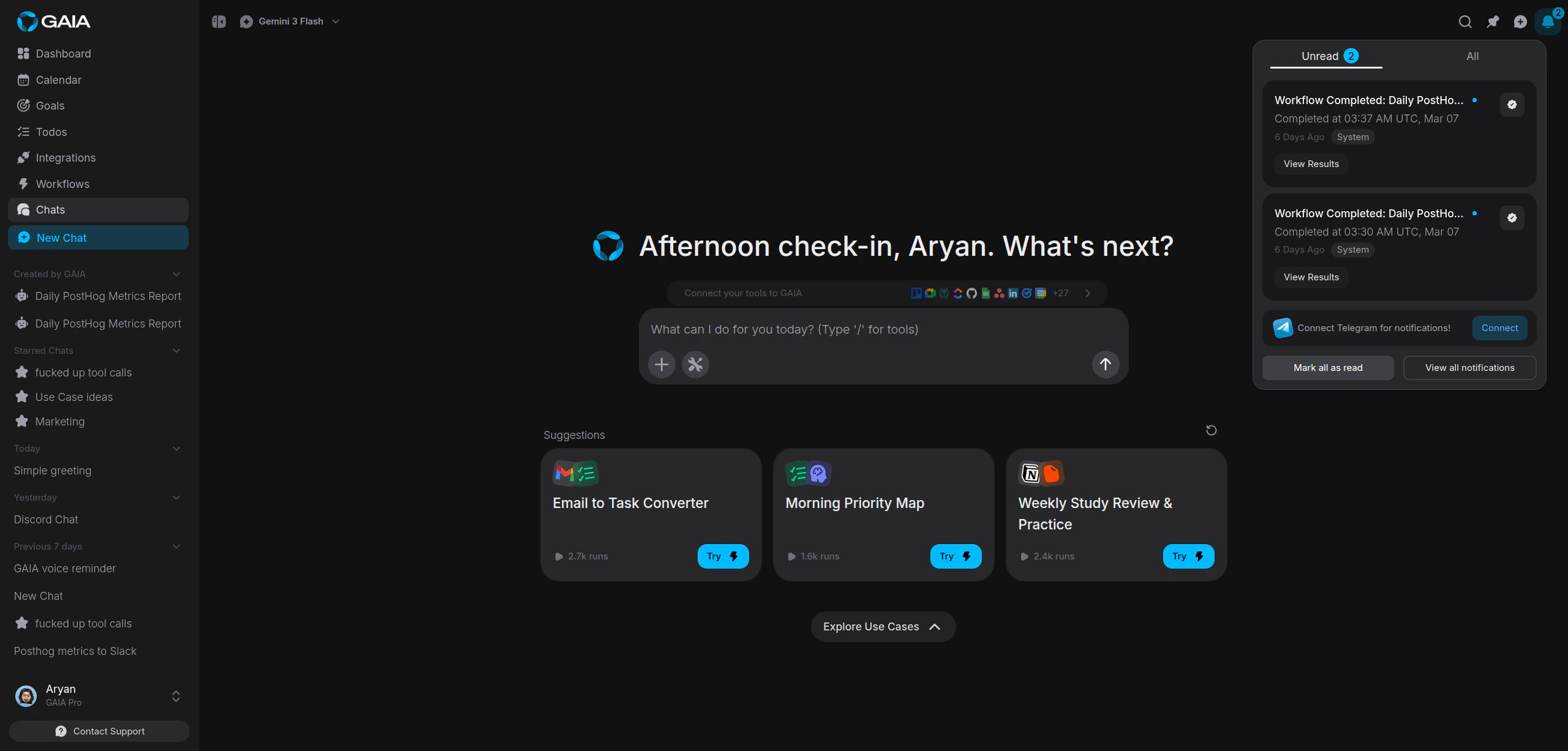 Notifications panel showing unread workflow and reminder notifications