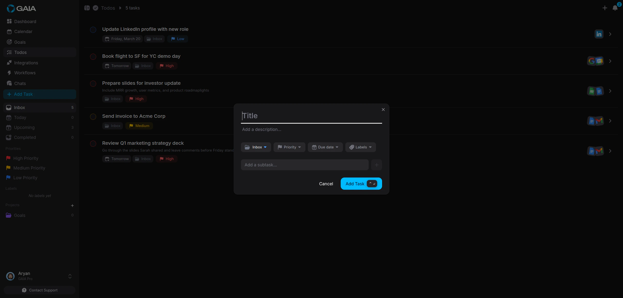 Add task dialog with project, priority, due date, labels, and subtasks