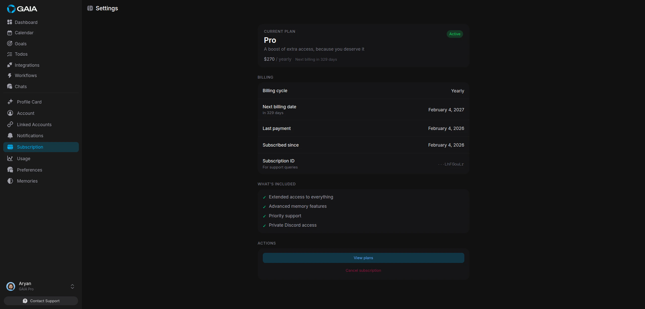 Subscription page showing current Pro plan details and billing information