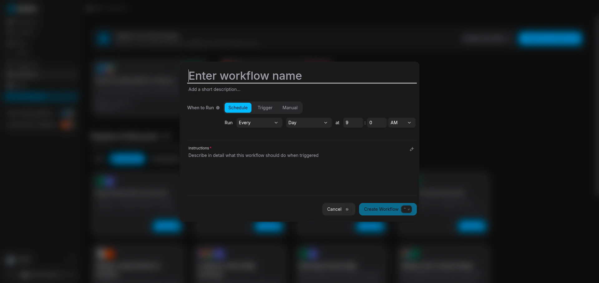 Create workflow modal with Schedule tab selected