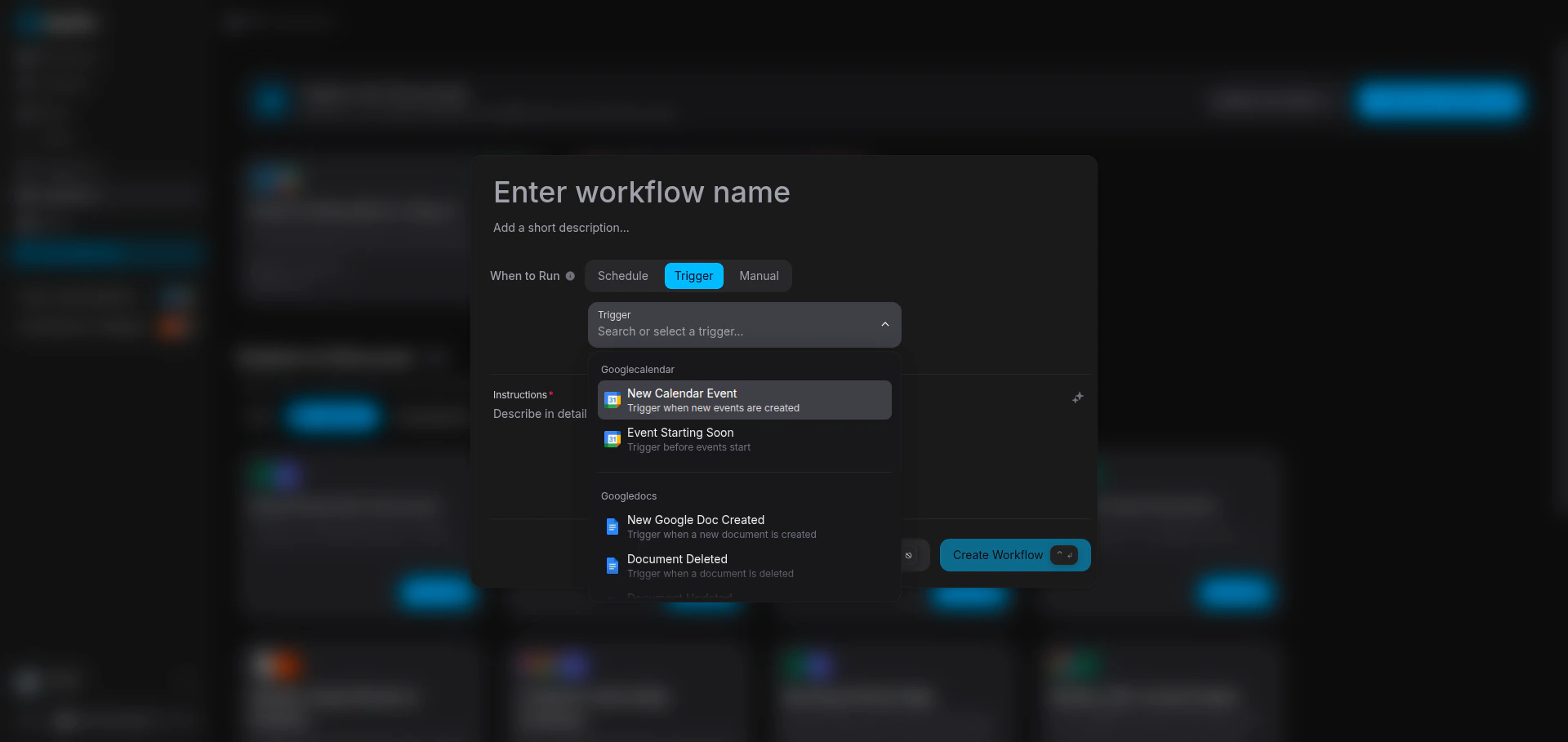 Trigger dropdown showing available integration triggers